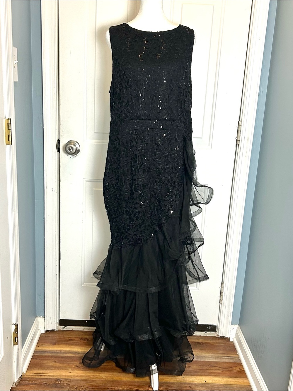 Candalite Dress Womens  XLarge Black Formal Evening Gown Ruffle Tiered Maxi